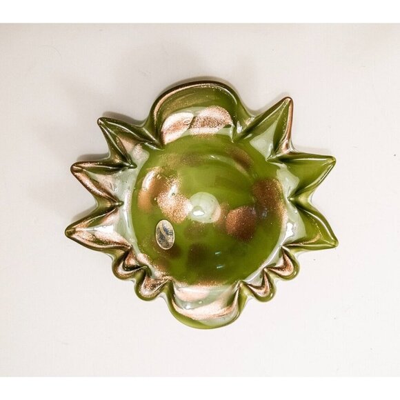 Creation Vimax Decorative Art Glass Bowl Italy, MCM, Green Gold Sparkle Dish - Picture 3 of 15